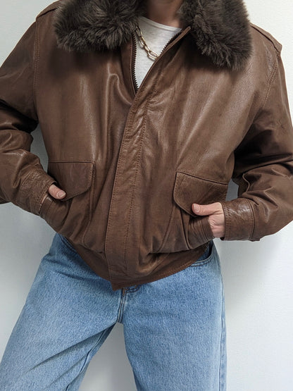 Vintage Almond Leather & Faux Fur Bomber