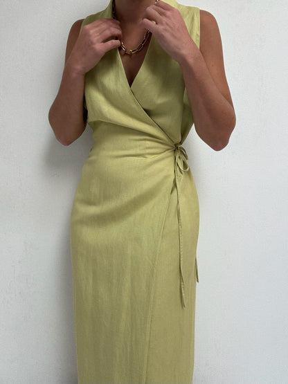 Vintage Avocado Linen Wrap Dress