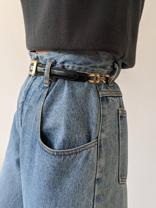 Vintage Onyx Leather & Gold Chain Belt