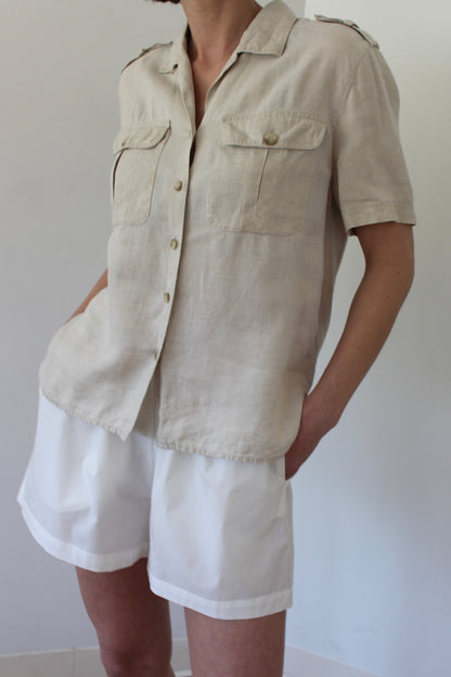 Vintage Pure Linen Safari Short Sleeve Blouse