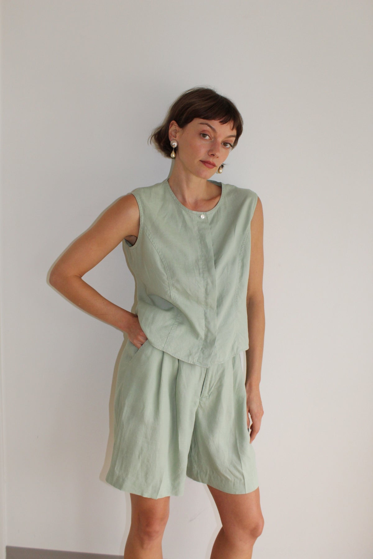 Vintage Seafoam Linen Shorts Set