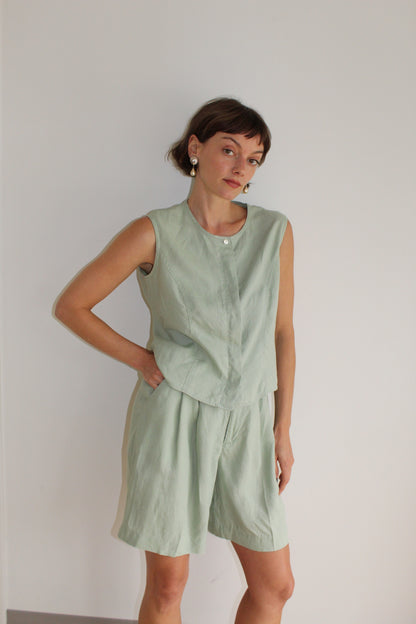 Vintage Seafoam Linen Shorts Set