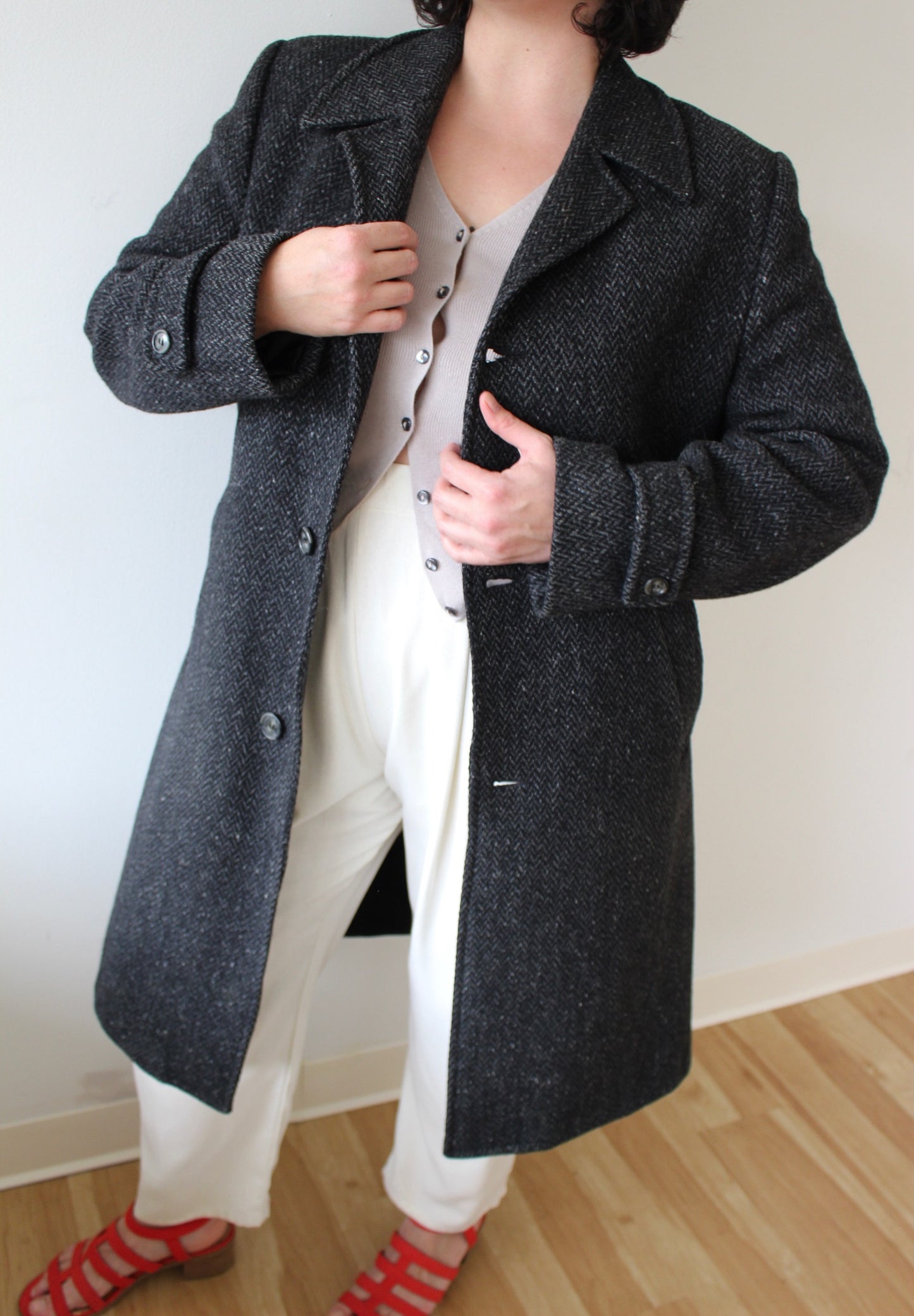 Vintage Charcoal Wool Herringbone Coat