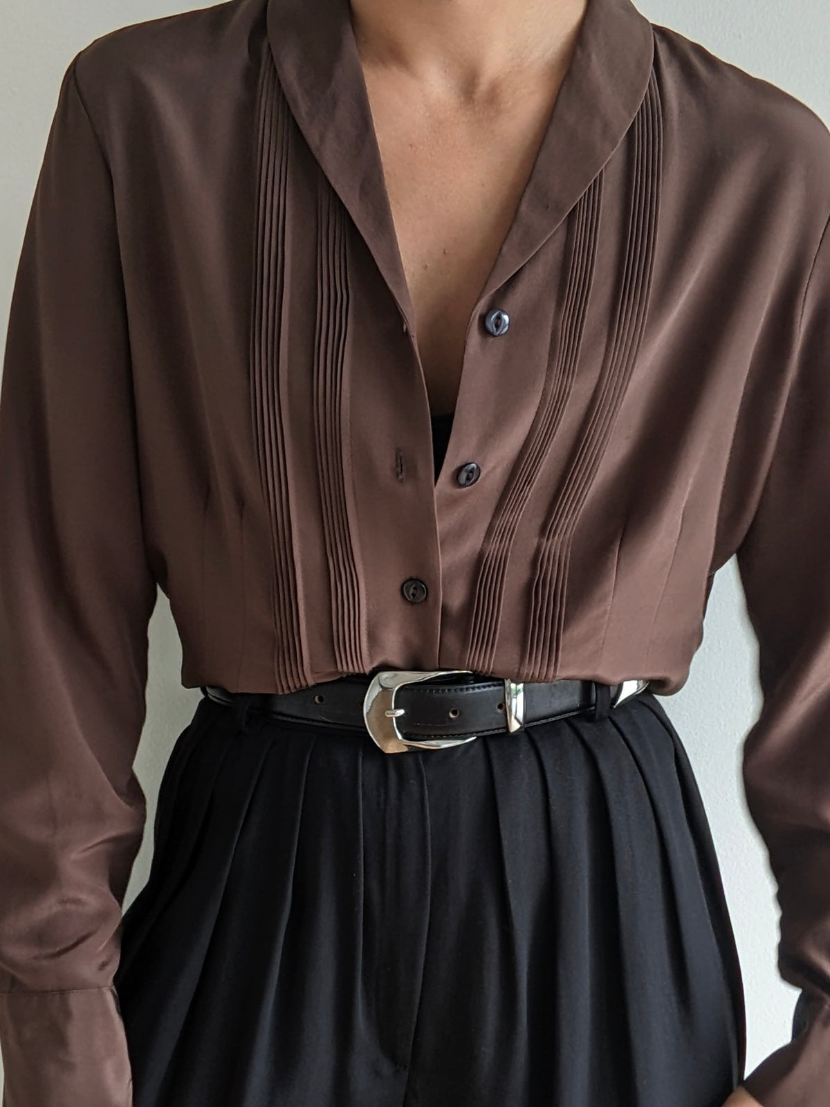 Vintage Cocoa Pleated Silk Blouse