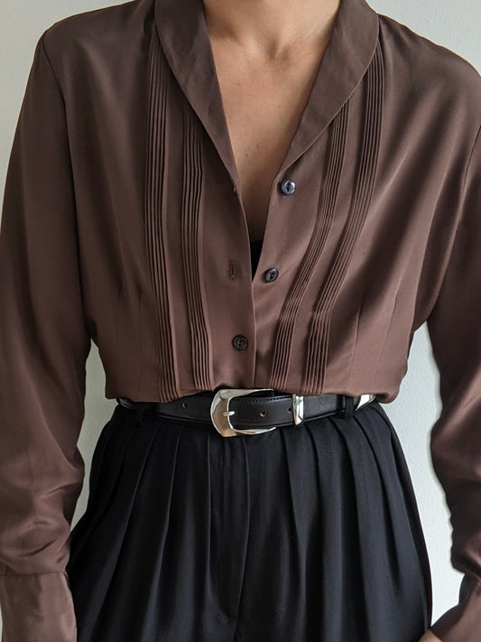 Vintage Cocoa Pleated Silk Blouse