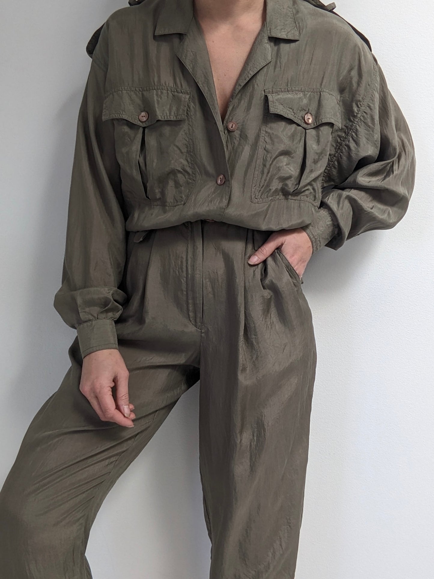 Vintage Olive Smooth Silk Jumpsuit