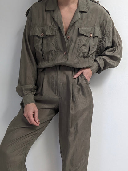 Vintage Olive Smooth Silk Jumpsuit