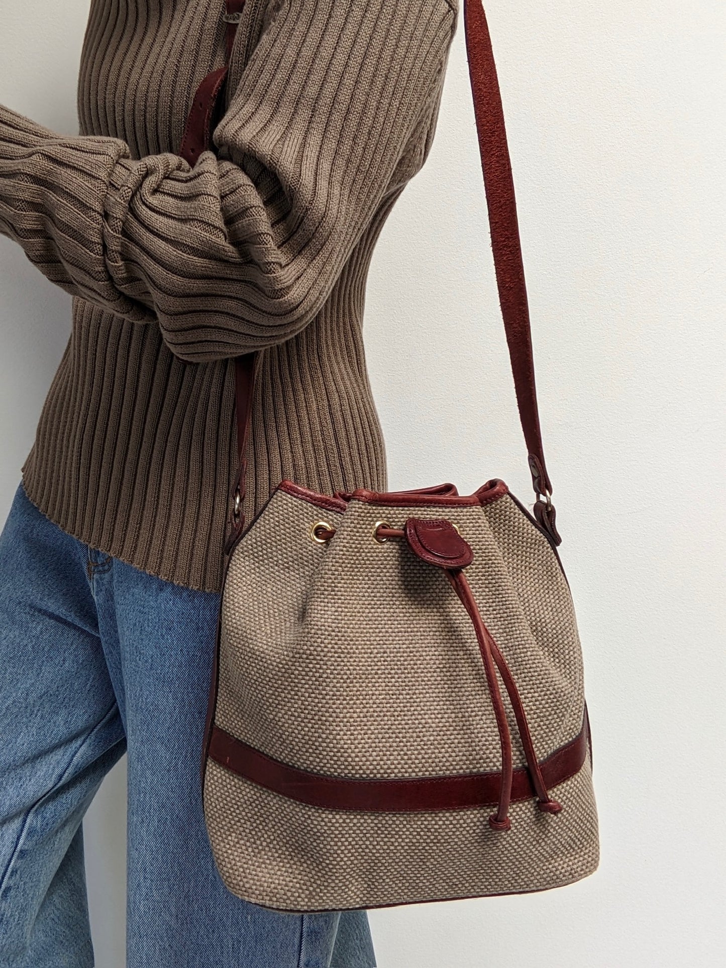 Vintage Etienne Aigner Burlap & Leather Bucket Bag