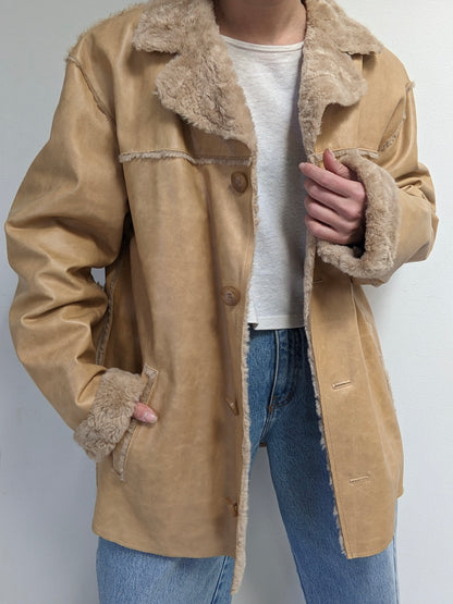 Vintage Guess Sand Leather & Faux Fur Coat