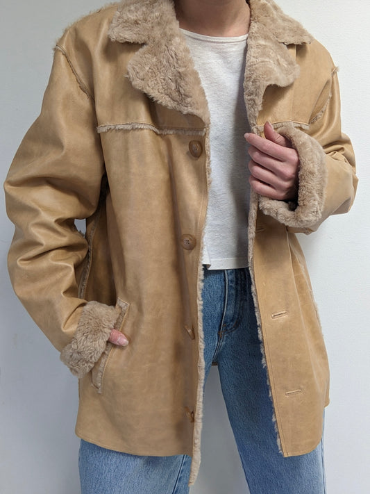 Vintage Guess Sand Leather & Faux Fur Coat