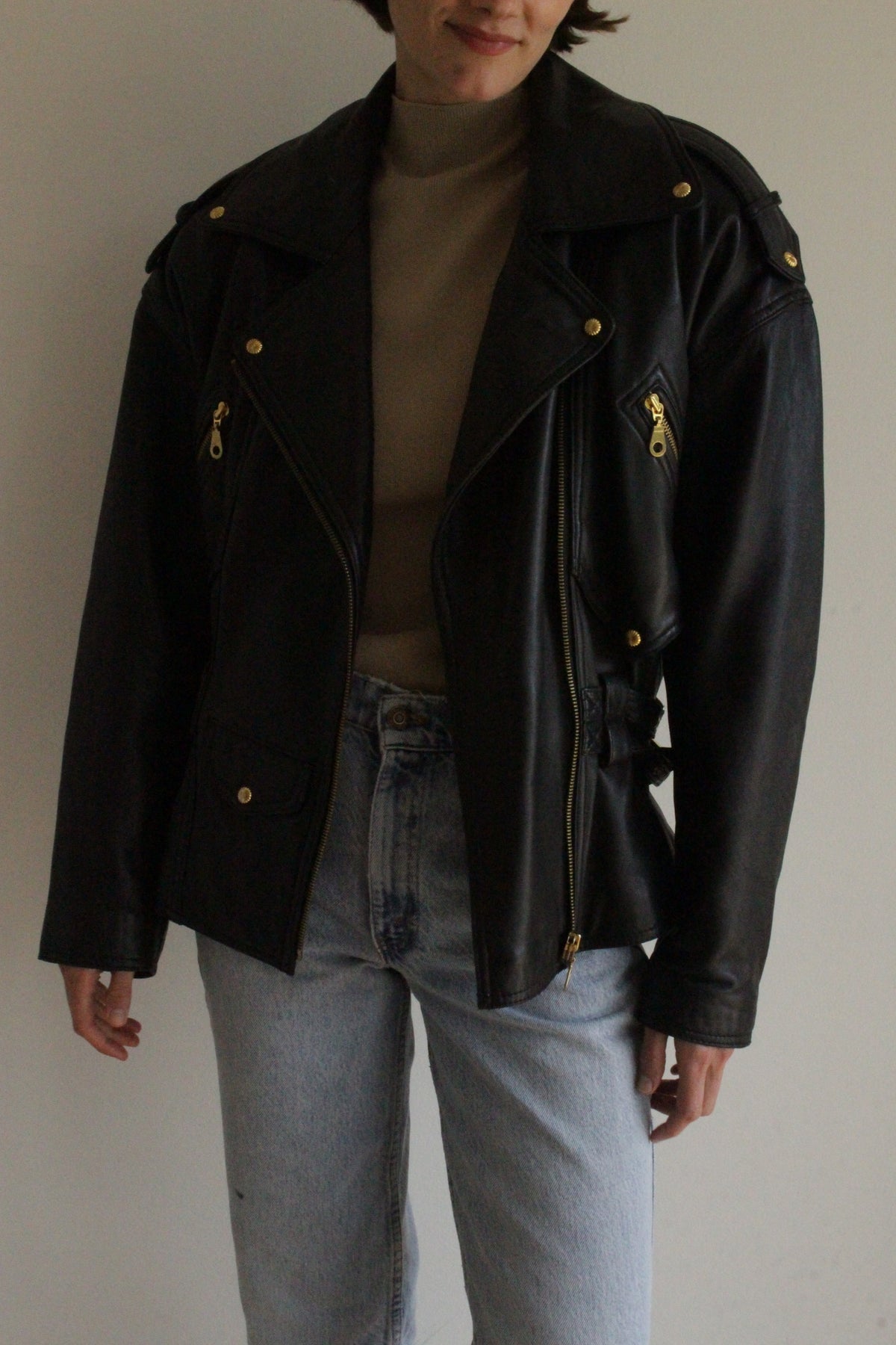 Incredible Vintage Black Belted Leather Moto Jacket