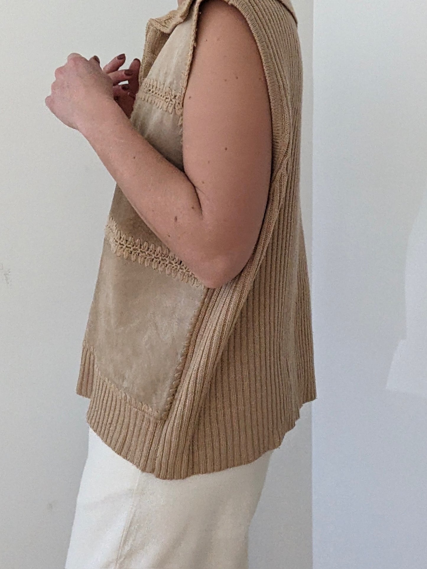 Vintage Ribbed Knit & Sueded Leather Vest