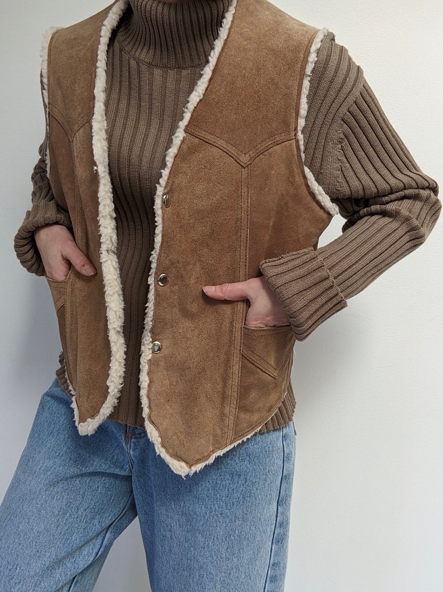 Vintage Sherpa-Lined Suede Snap Vest