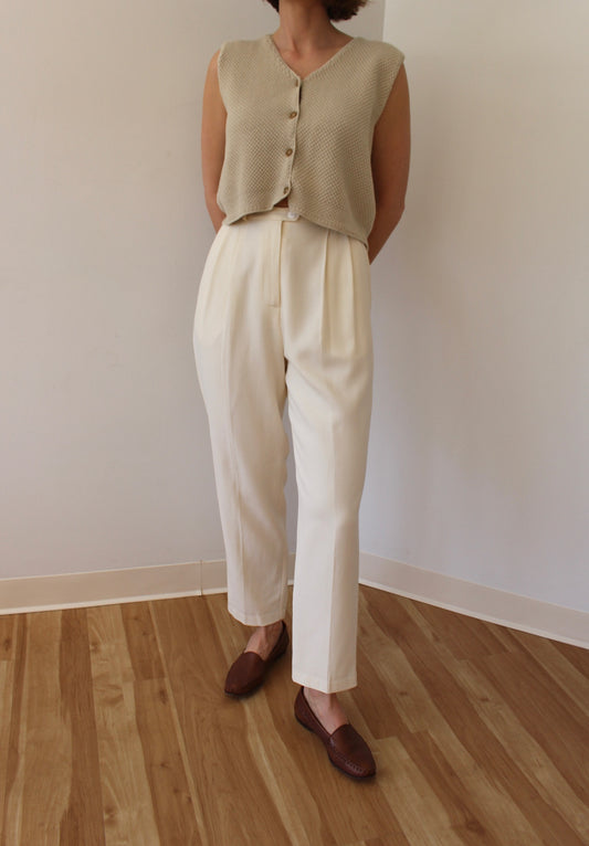 Classic Vintage Cream Pleated Wool Trousers