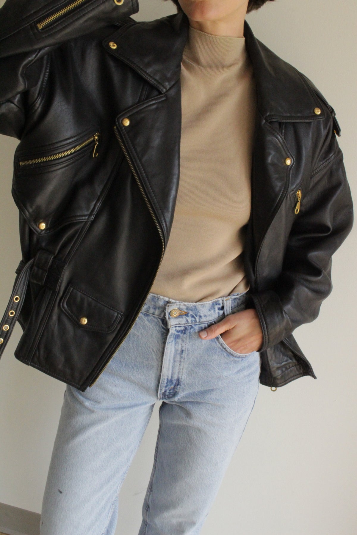 Incredible Vintage Black Belted Leather Moto Jacket