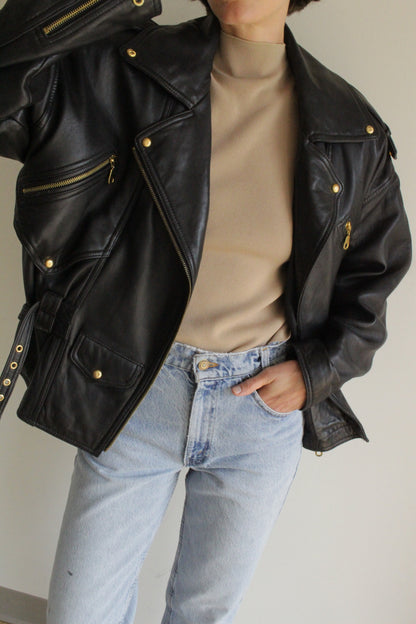 Incredible Vintage Black Belted Leather Moto Jacket