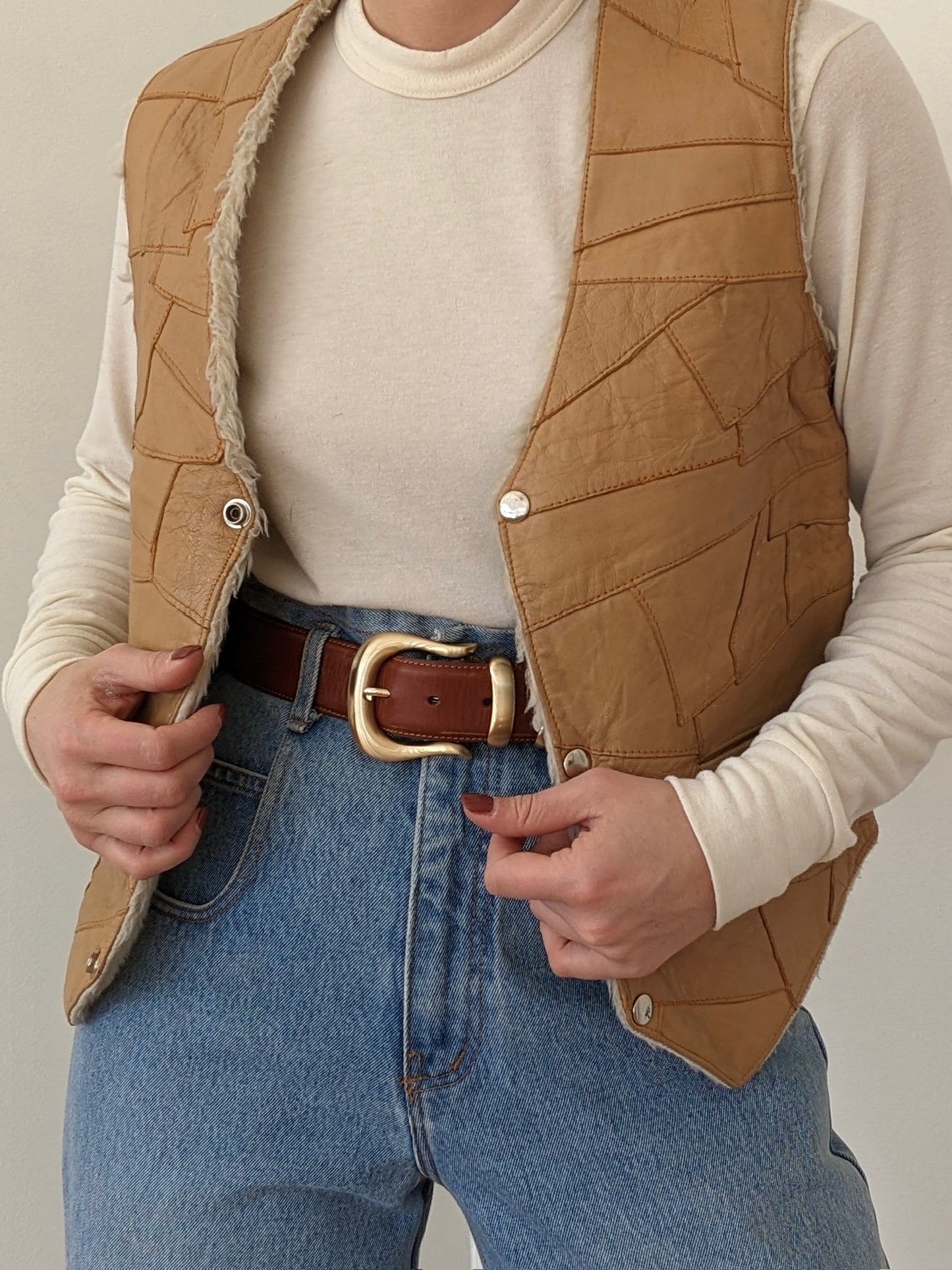 Vintage Patchwork Leather Snap Vest