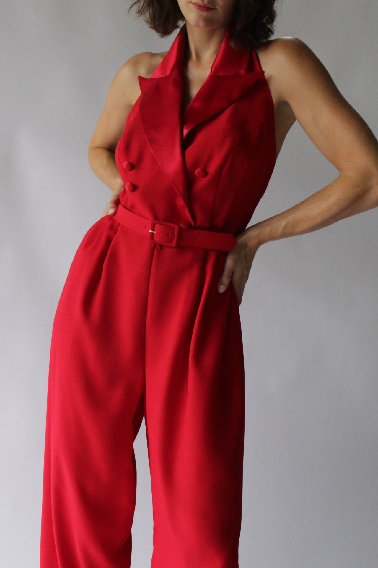 Vintage Crimson Halter Jumpsuit & Bolero Set