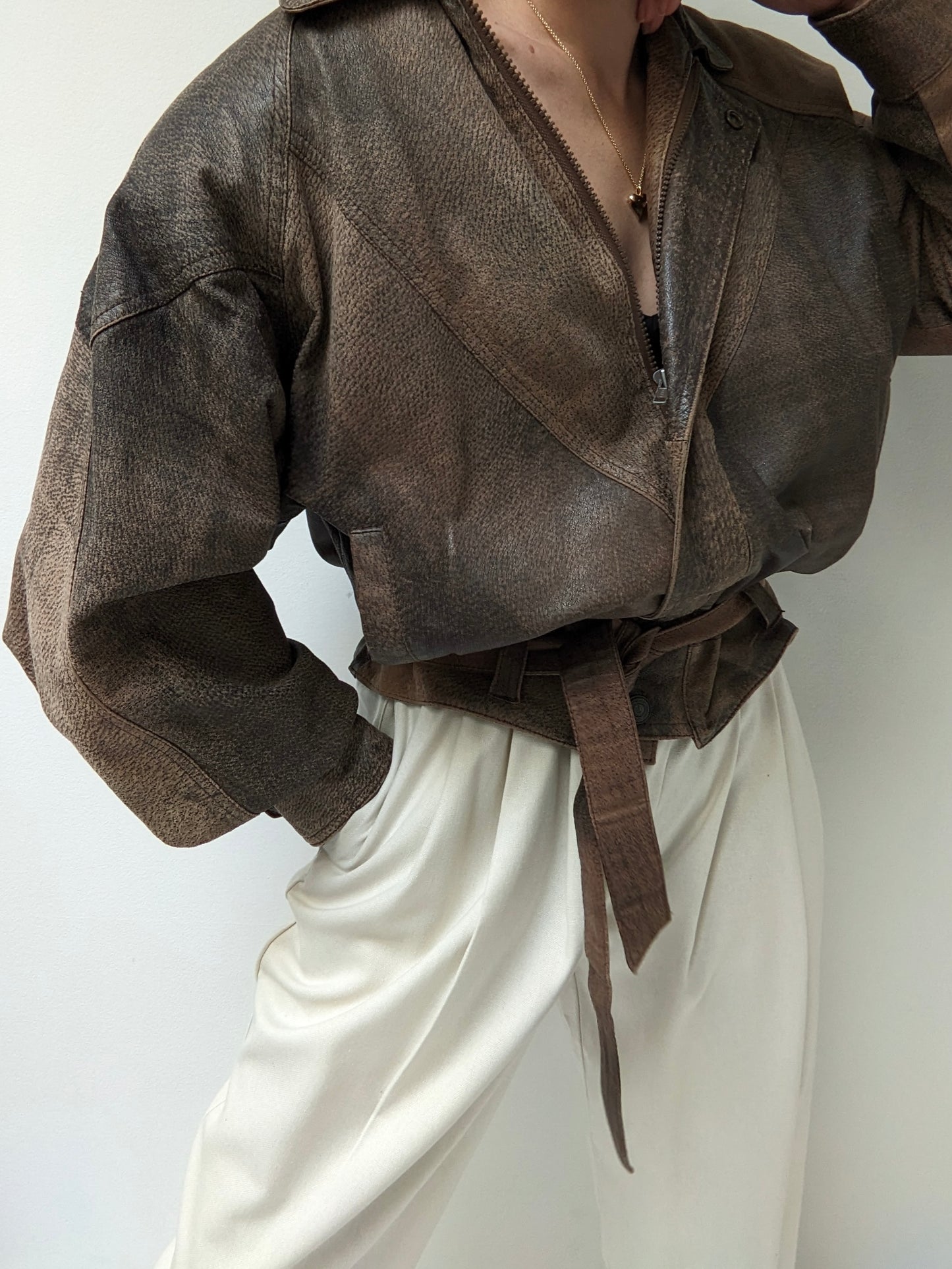 Vintage Pebbled Leather Belted Bomber Jacket