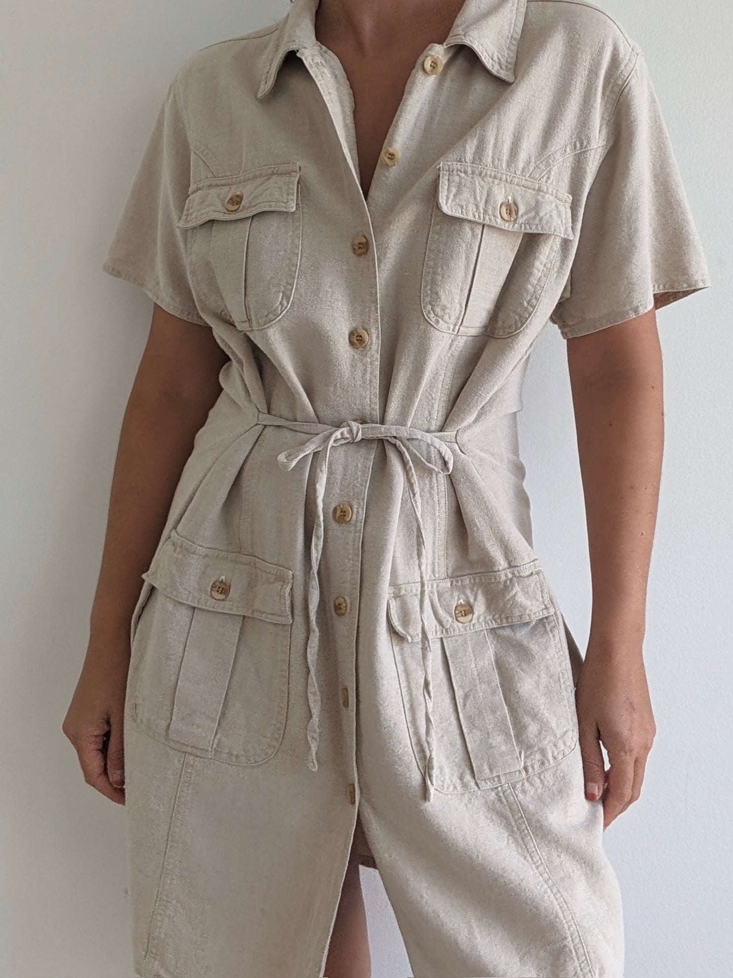 Vintage Wheat Linen Button-Up Dress