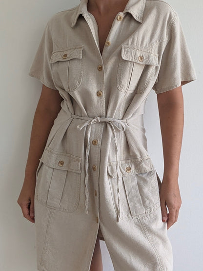 Vintage Wheat Linen Button-Up Dress
