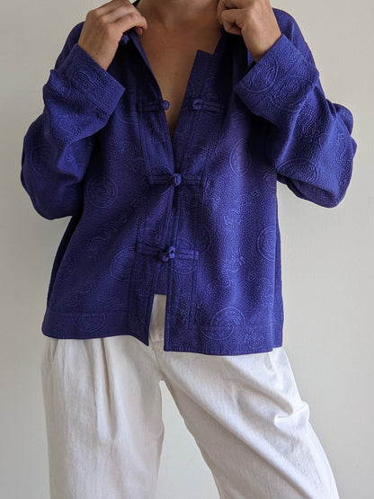 Vintage Embossed Silk Knot Closure Blouse