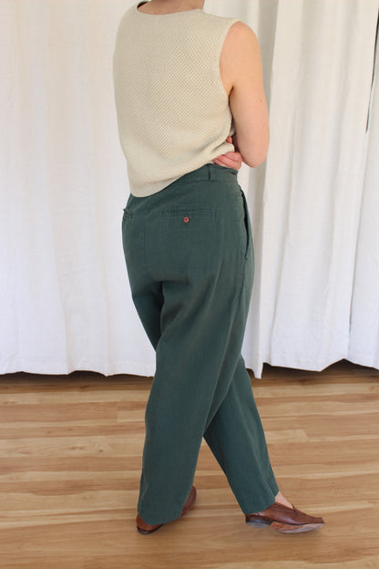 Vintage Evergreen Pleated Cotton Trousers