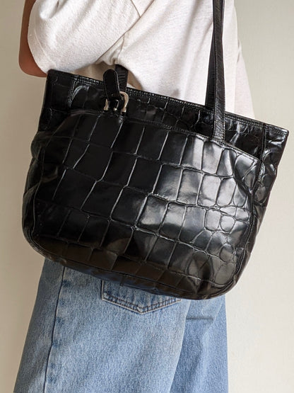 Vintage Paola Del Lungo Croc-Embossed Leather Tote