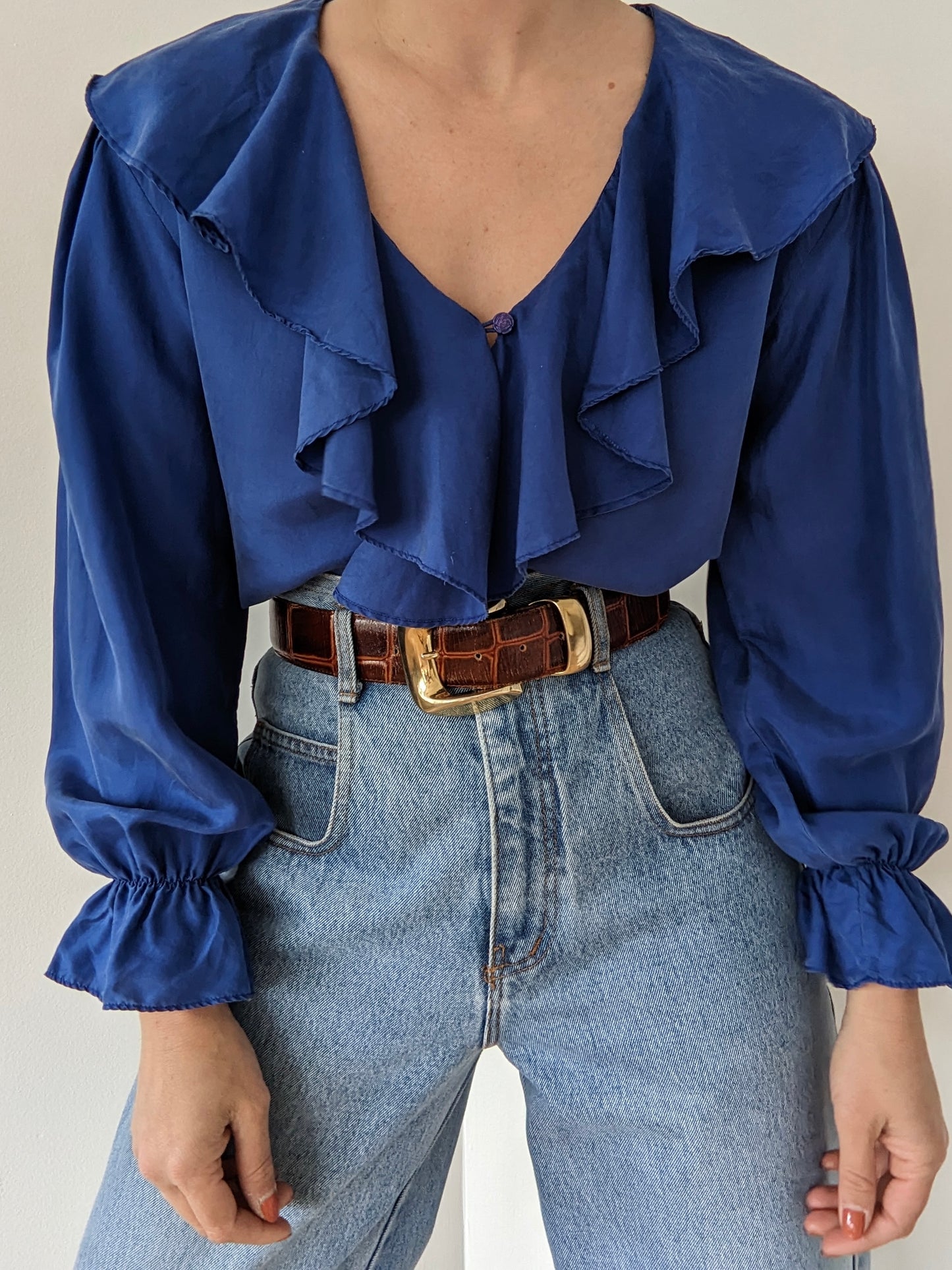 Vintage Azure Ruffled Silk Blouse
