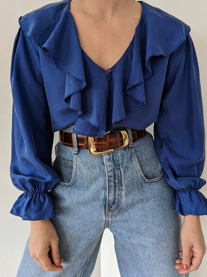 Vintage Azure Ruffled Silk Blouse