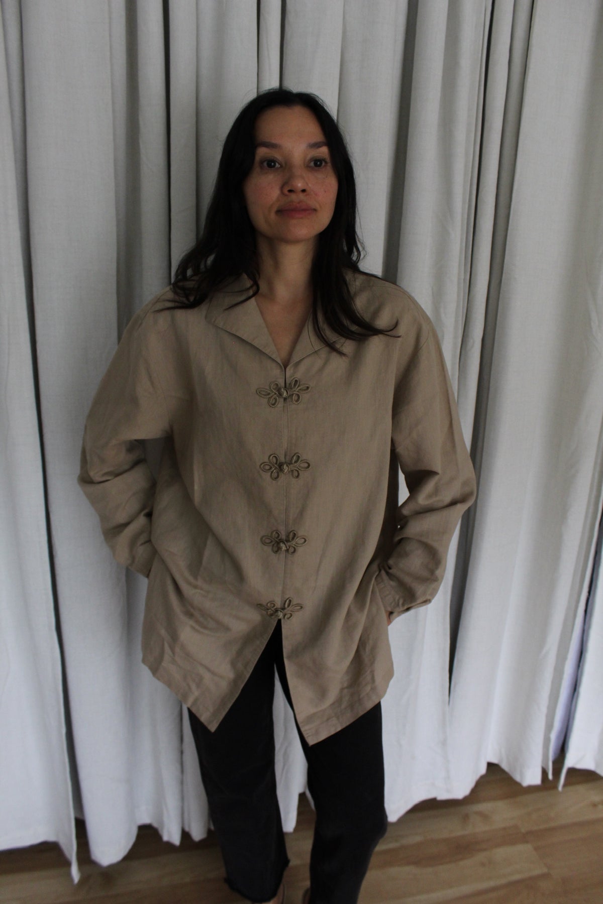 Vintage Sand Linen Frog Closure Tunic