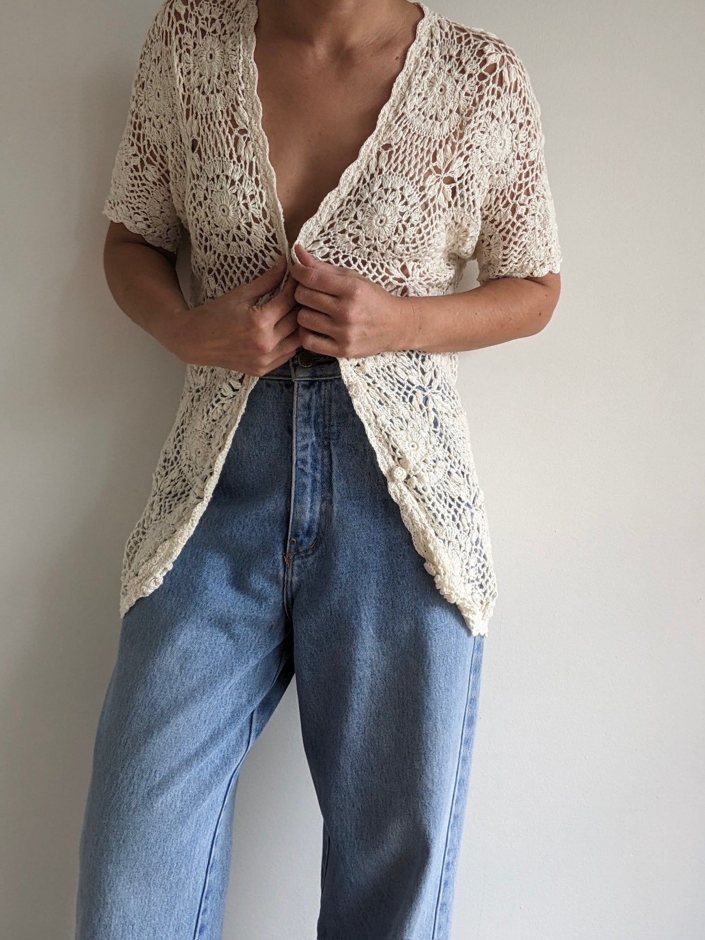 Beautiful Vintage Cream Hand-Crocheted Cardigan