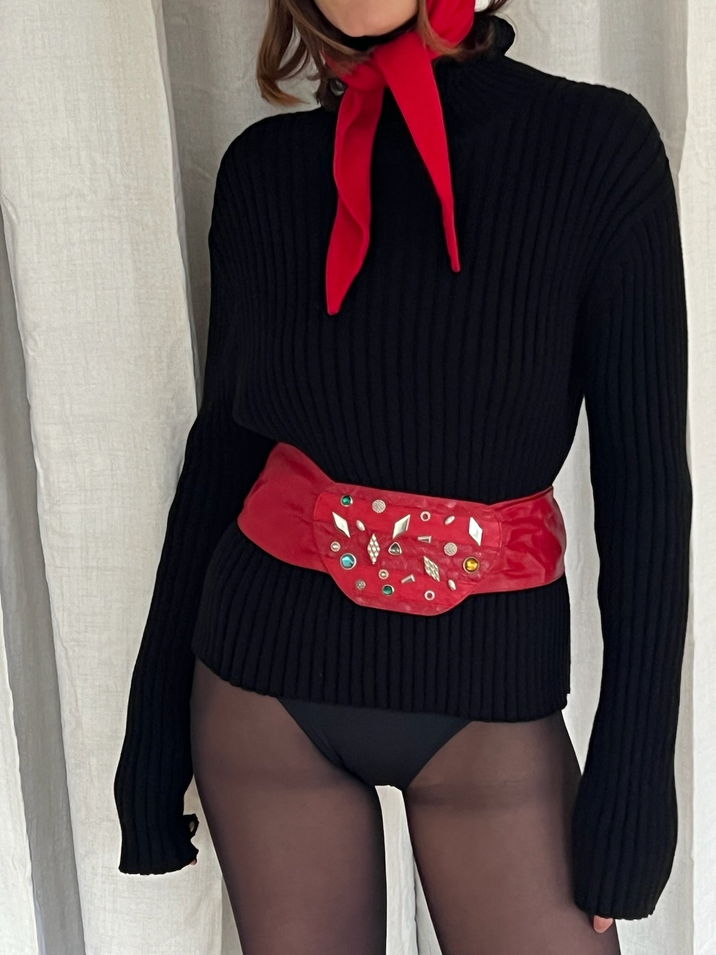 Fun Vintage Embellished Holiday Red Leather Belt