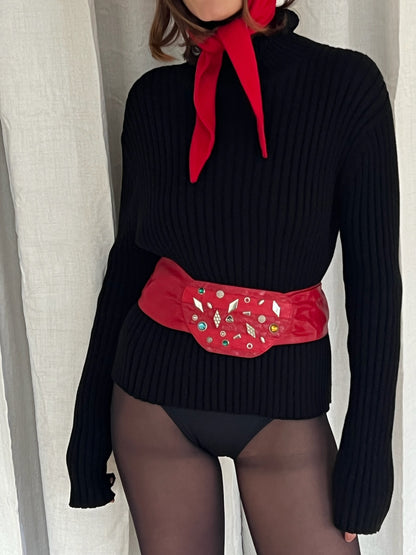 Fun Vintage Embellished Holiday Red Leather Belt