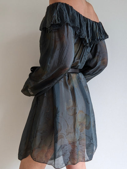 Beautiful Vintage Sheer Floral Silk Ruffled Dress