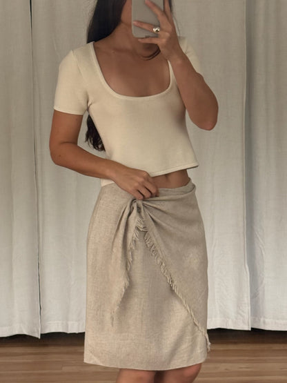 Vintage Wheat Linen Fringe Tie Skirt