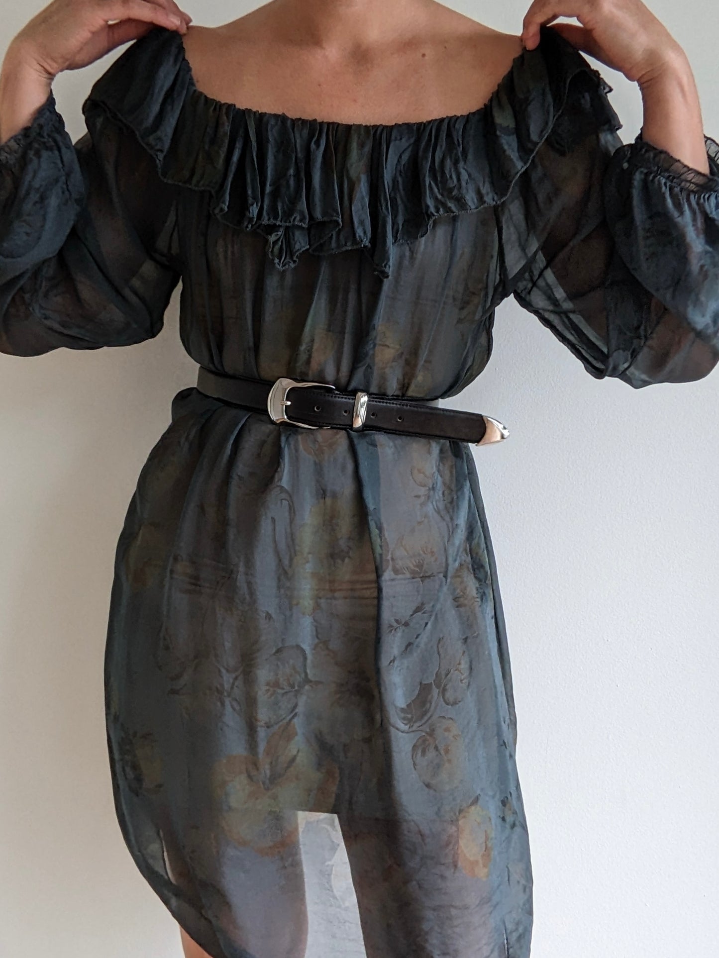Beautiful Vintage Sheer Floral Silk Ruffled Dress