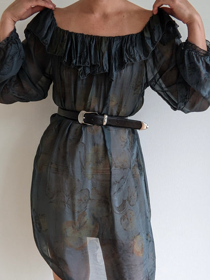 Beautiful Vintage Sheer Floral Silk Ruffled Dress