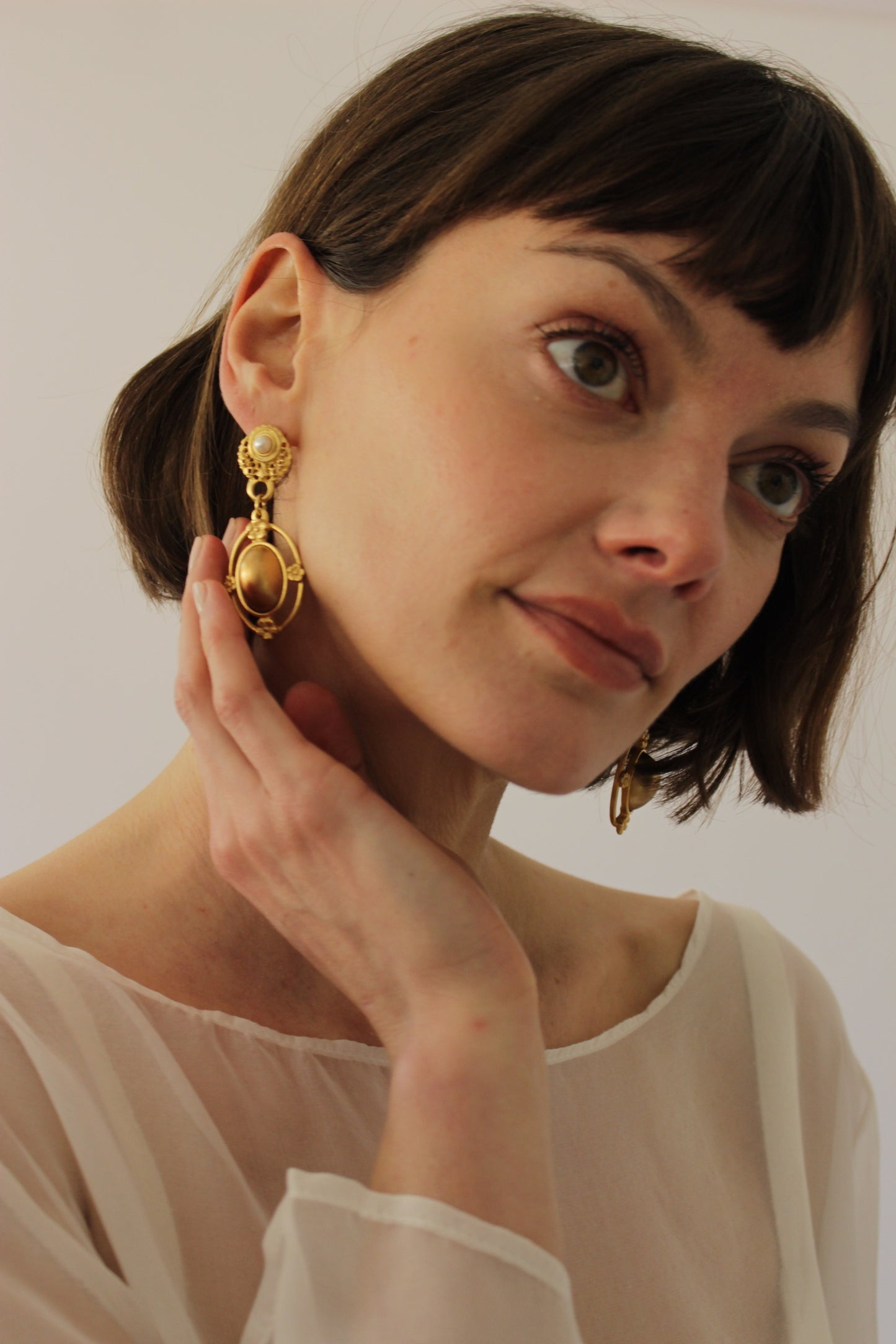 Vintage Faux Seed Pearl & Brushed Gold Earrings