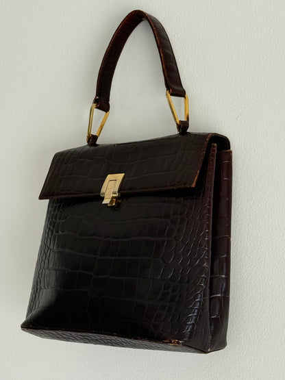 Vintage Espresso Croc-Embossed Leather Handbag