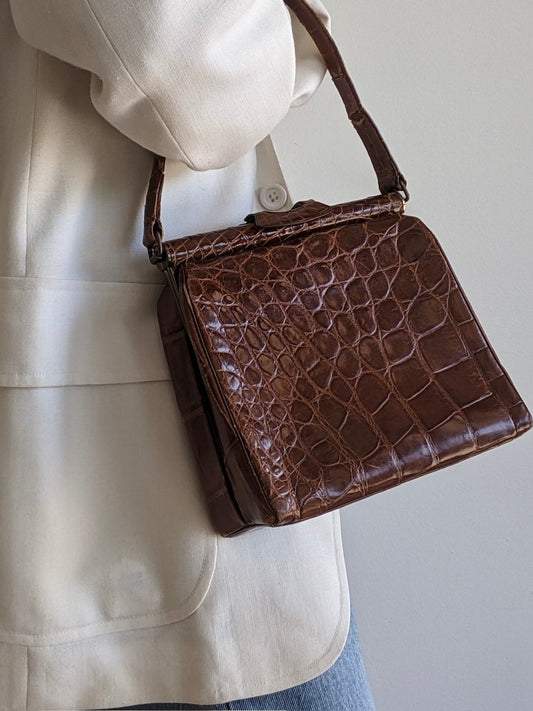 Incredible Vintage Alligator Embossed Leather Handbag
