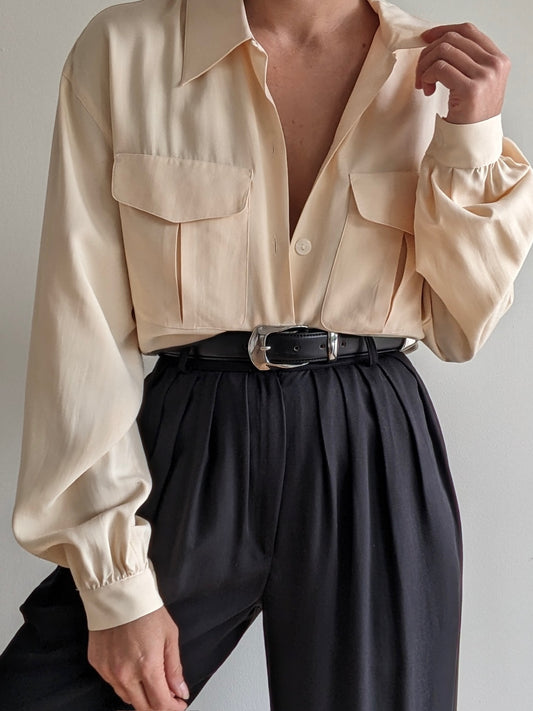Vintage Buttercream Silk Pocket Blouse