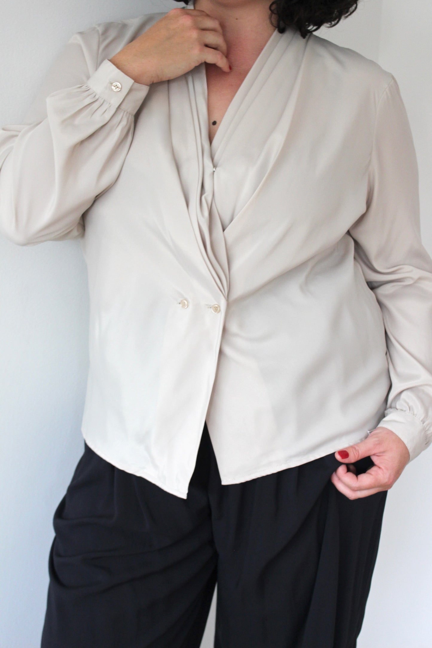 Vintage Low-V Pleated Blouse