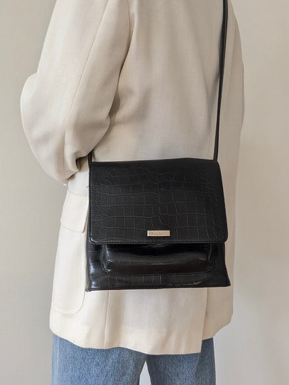 90s Nine West Ink Black Embossed Vegan Leather Bag