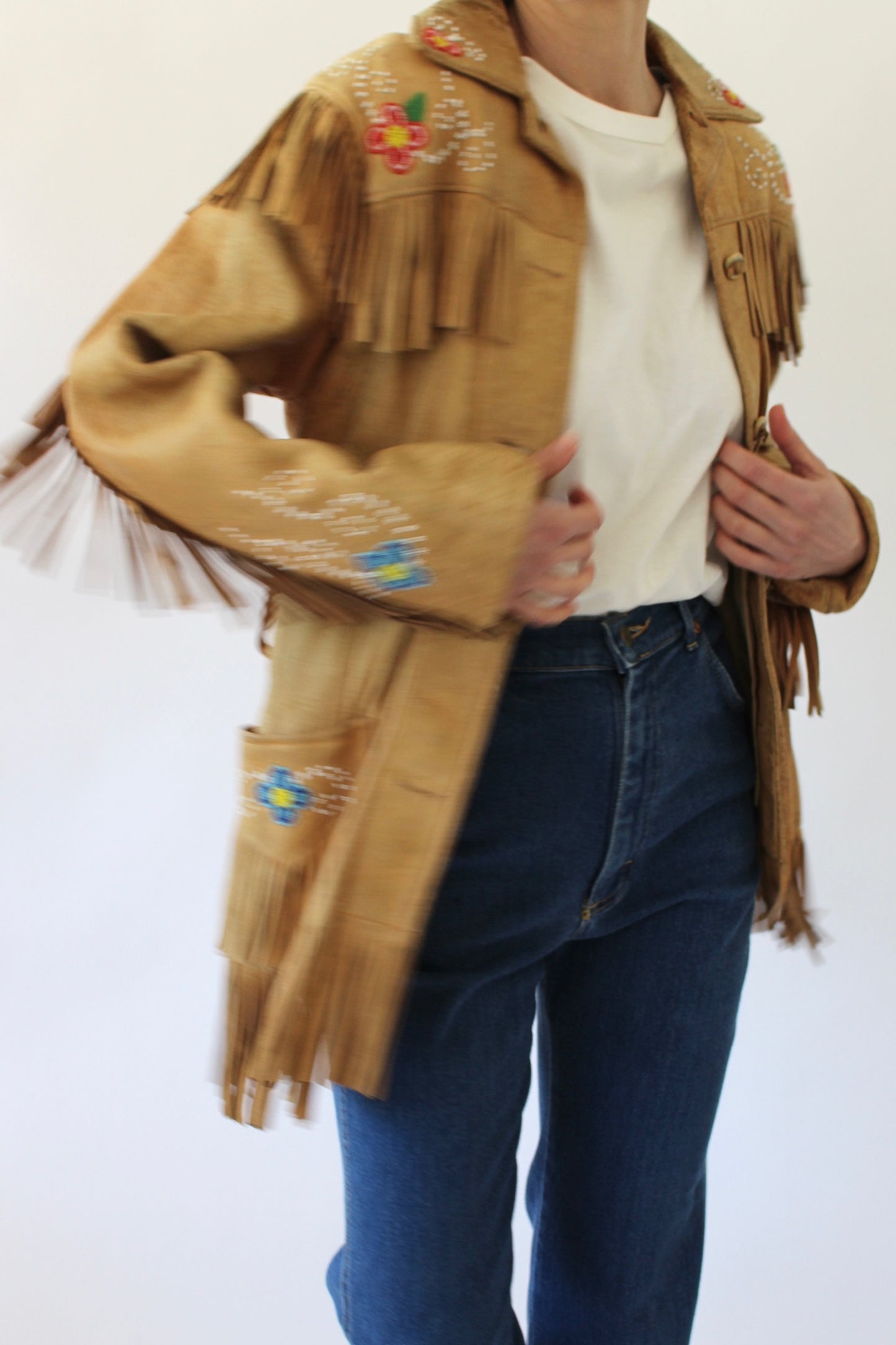 Vintage Floral Beaded Fringe Leather Jacket