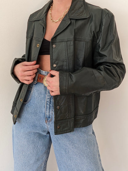 Vintage Evergreen Leather Snap Jacket