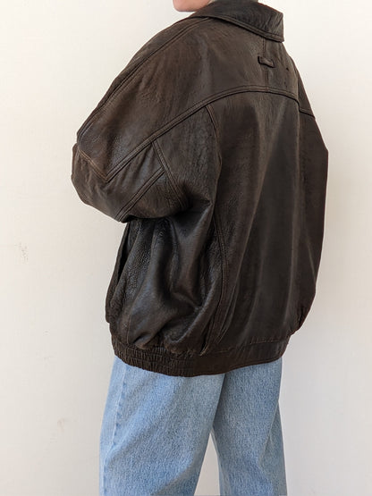 Vintage Espresso Pebbled Leather Bomber Jacket