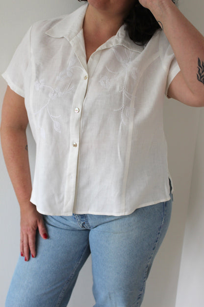 Vintage Floral Embroidered Linen Blouse