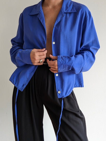 Vintage Lapis Silk Drawstring Blouse