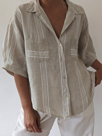 Vintage Striped Oat Linen Blouse
